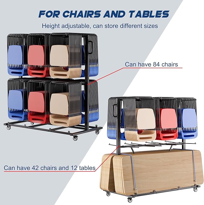 Folding Chair Rack, Heavy-Duty Chair Cart for 84 Chairs or 12 Tables of 800 LBS Capability, Contain Weatherproof Cover 2 Elastic Cords