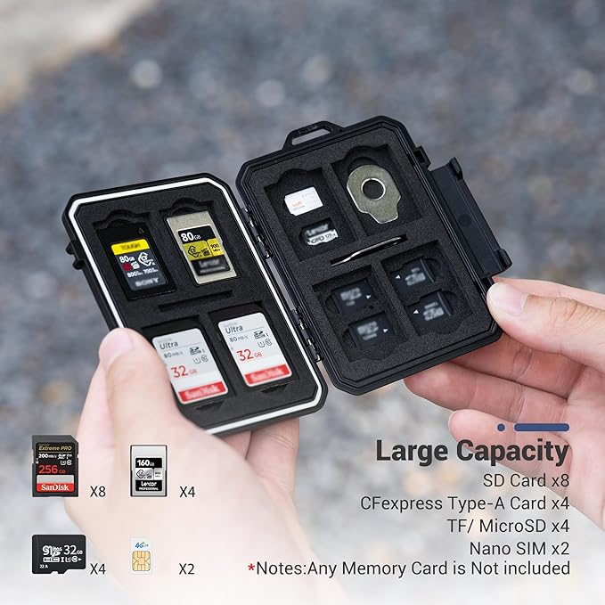 Small 18 Slots Memory Card Case for 8 SD 4 CFA 4 TF and 2 Nano SIM Cards, IP67 Waterproof Anti-Shock Anti-Dust, Compact Size & Portable SD SDHC SDXC CFexpress Type-A Card Holder Organizer Storage Box