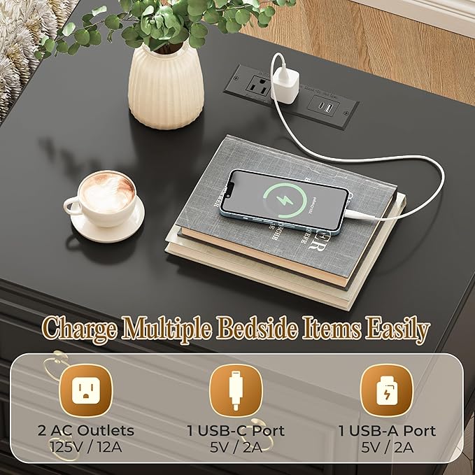 Huuger 27.6 Inch Tall Nightstand with Charging Station, USB-C Port, 2 Drawers Bedside Table, Larger Night Stand with 11.4 Inch Raised Legs, Painted Side Table End Table, for Bedroom, Black