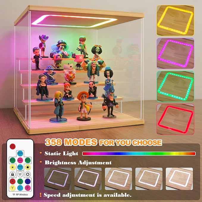 NONEMEY Clear Acrylic Display Case with Light ,3/4/5/6 Tier Multiple Color Lights via Remote Control Dustproof Display Box for Collectibles Figures Mini Toys (5Tier 12.4*12.2*12inch )