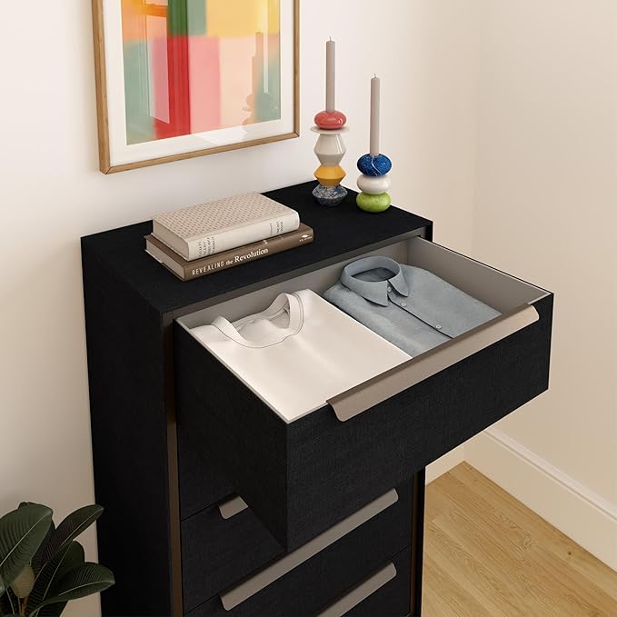 tinge Naima Premium Fabric Dresser - Strong Metal Frame, 5 Spacious Sag-Proof Drawers with Sleek Metal Handles - Premium & Durable Storage Solution for Your Home (Black)