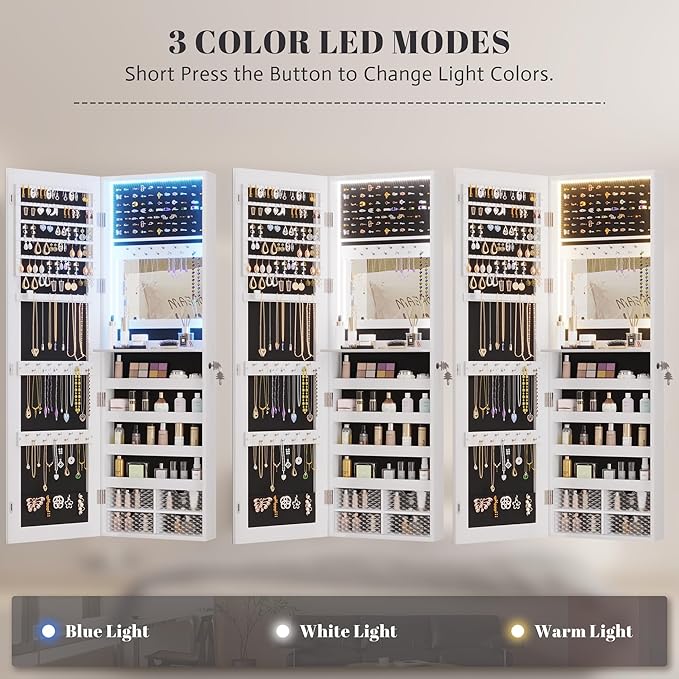 Vlsrka 47.2" LED Jewelry Mirror Cabinet, Wall/Door Mounted Jewelry Armoire Organizer with Full Length Mirror, Large Storage Hanging Cabinet, 4 Drawers, 5 Shelves, Built-in Lighted Mirror (White)
