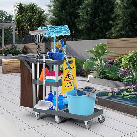 Commercial Housekeeping Utility Cart, Janitorial Cleaning Carts On Wheels, Janitorial Cart with Cover and Vinyl Bag, 3 Shelf Service Carts for Hotel/Stores/Restaurants/Hospitals/Schools/Business