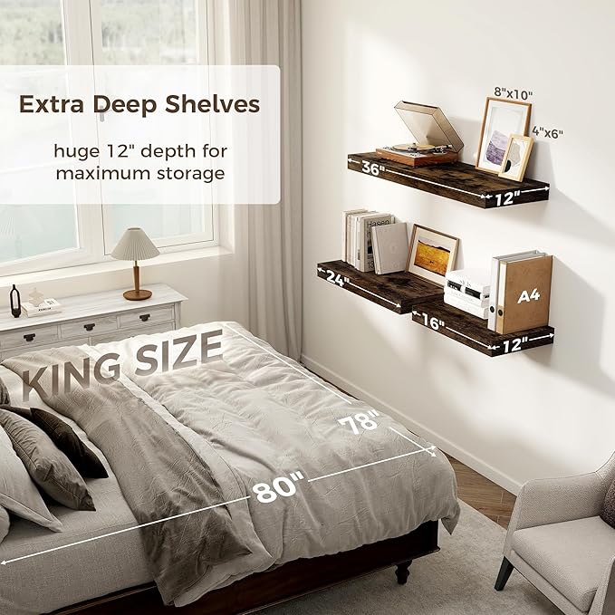 12 Inch Deep Floating Shelves, 24 x 12 Floating Shelf for Books, Rustic Wood Deep Wall Shelves for Home Storage & Display, 2" Thicked Shelves for Kitchen, Living Room, Bedroom, Rustic Brown, 2 Pack