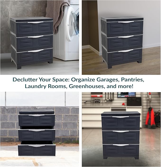 Sunnydaze 3-Tier Storage Cabinet with Drawers - Indoor or Garage Plastic Storage Drawers Organizer - 29.5" H - Garage, Office, Home, Laundry Room - Charcoal