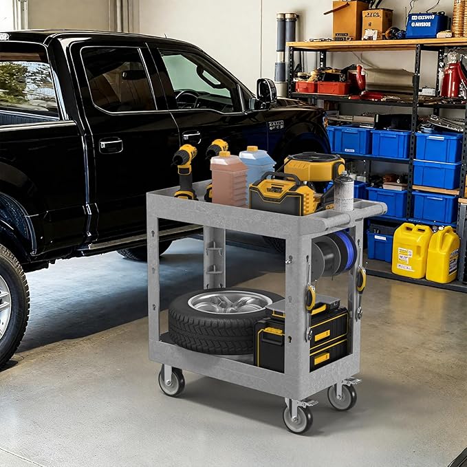 2 Tier Plastic Rolling Utility Cart on Wheels, Heavy Duty Tool Cart with Deep Shelves and 360° Swivel Wheels Holds up to 550 lbs, Service Cart for Garage, Warehouse, Cleaning (Gray-34in)