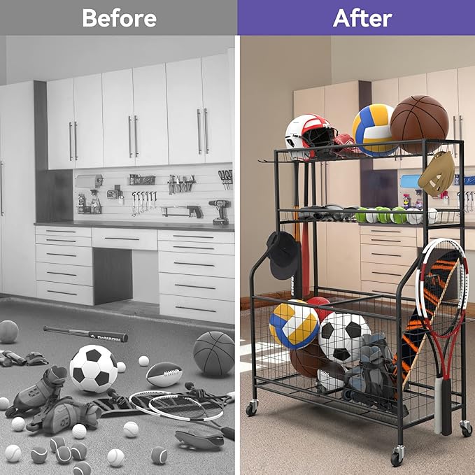 WALMANN Garage Ball and Sports Equipment Organizer, Ball Storage Rack Indoor/Outdoor Kids Ball/Toy Storage Organizer Bins, Rolling Ball Cart with Baskets