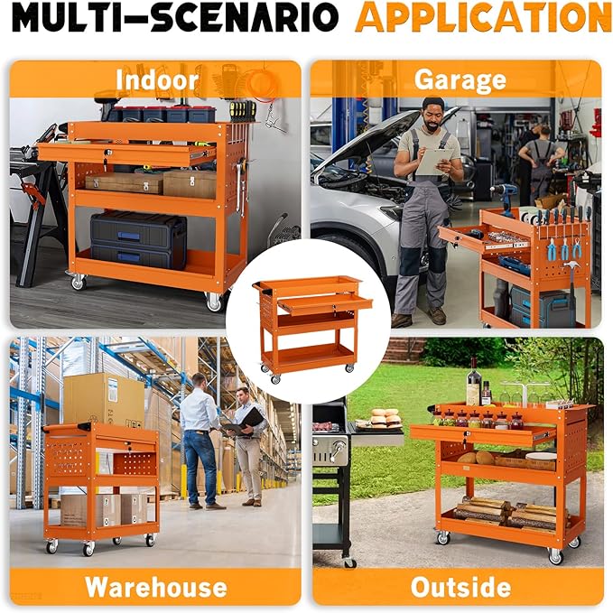 3 Tier Tool Cart on Wheels with Drawers - Three Tier Rolling Cart with Lockable Storage - Mechanic Tool Chest - Tool Chest with Wheels Used in Garage, Indoors, Workshop (Orange)