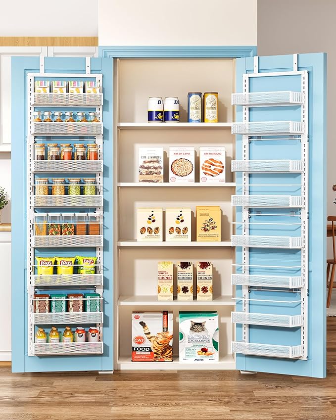 SNTD Over the Door Pantry Organizer - 8 Tier Adjustable Pantry Door Spice Organizer, Large Capacity Hanging Door Spice Rack for Kitchen Pantry Organizers and Storage (White, 12.3" W x 4.7" D x 69" H)