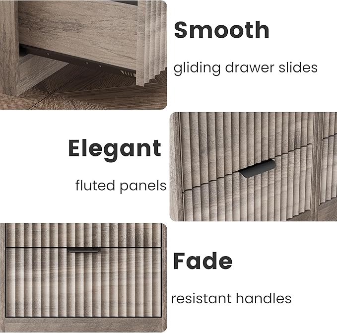 LED Nightstand with Charging Station, Fluted Nightstand Set of 2, Wood Nightstands with 2 Drawers & Metal Handles, Modern Bedside Table & End Tables, Farmhouse Night Stands for Bedroom, Grey