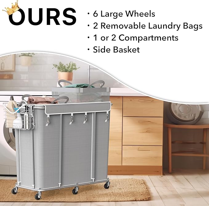 Simple Houseware Extra Large 2 Section Rolling Laundry Cart 265 Liter – Heavy Duty Hamper with 2 Removable Bags & 6 Smooth Wheels – Commercial Laundry Organizer for Home, Hotel, Dorm, Gym, Gray