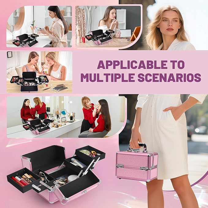 Makeup Train Case Cosmetic Organizer Case Makeup Box Portable Make Up Artist Travel Case with 4 Trays Dividers Lockable Hard Train Case Nail Tech Supply Storage - Crystal Pink