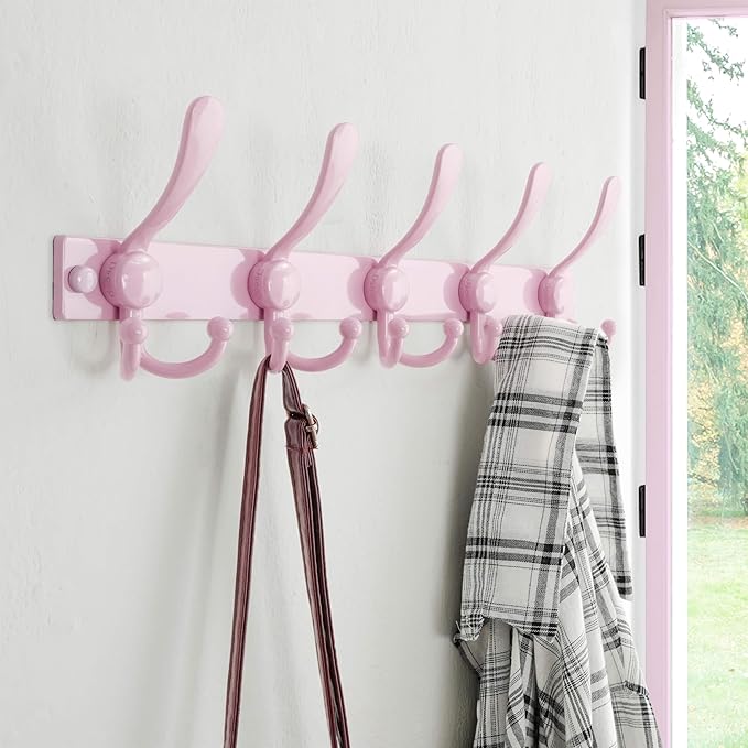 Dseap Coat Rack Wall Mount 2.0 Pro: Heavy Duty 300% Thicker, 16" Stud Mount, Stainless Steel Wall Coat Hooks Hanger for Clothes Jackets Hats Entryway Closet, MaxStrong Series, Pink, Pack of 2