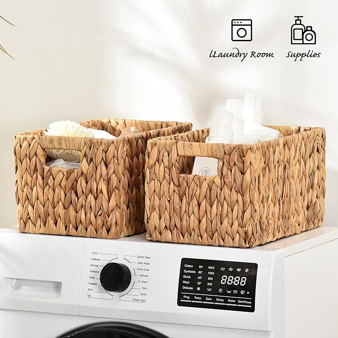 ELONG HOME Water Hyacinth Rectangular Wicker Baskets, 12" Wicker Basket 2 Pack, Woven Storage Baskets with Handles