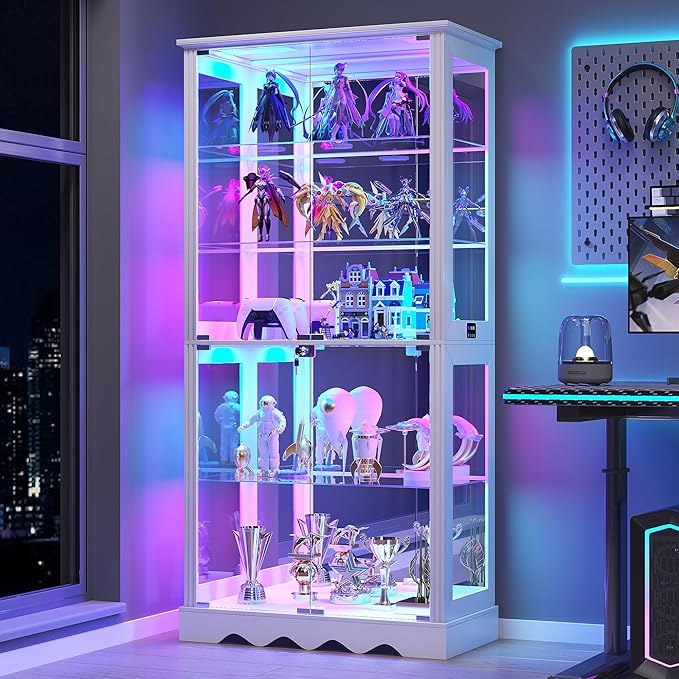 Glass Display Cabinet with RGB Light, 5-Tier Curio Cabinet for Collectibles, Display Case with Removable Shelves, Human Sensor Design, White