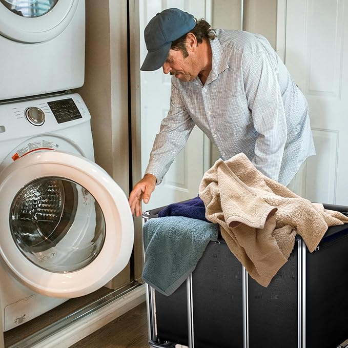Commercial Laundry Cart with Wheels, 11.35 Bushel Large Laundry Tumbler with Removable Waterproof Canvas Lined Basket, Heavy Duty Stainless Steel Laundry Basket for Hotels and Hospitals