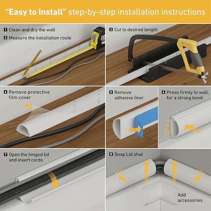 D-Line Half Round Cord Hider, Patented Cable Cover, Hide TV Wall Mount Wires, Raceway for Cords, Decorative Wire Covers, Paintable, Adhesive - 2X 1.18in W x 0.59in H x 39in L - Wood-Effect