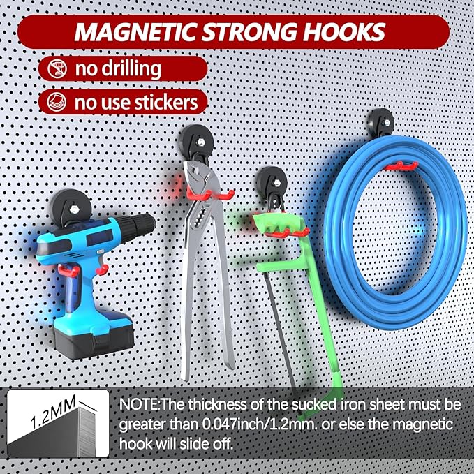 3-H Heavy Duty Magnet Garage Hooks 4 Pack, Large Strong Magnetic Hooks for Hanging Cordless Power Drill, Utility Magnetic Tool Holder for Metal Cabinet, Steel Pegboard, Toolbox, Garage(Red)