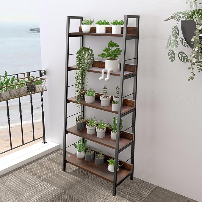 Himimi Ladder Shelf Set of 2, 5-Tier Ladder Bookcase, Industrial Bookshelf Wood and Metal Bookshelves, Plant Flower Stand Rack Book Storage Shelves for Living Room, Bedroom, Home Office, Rustic Brown