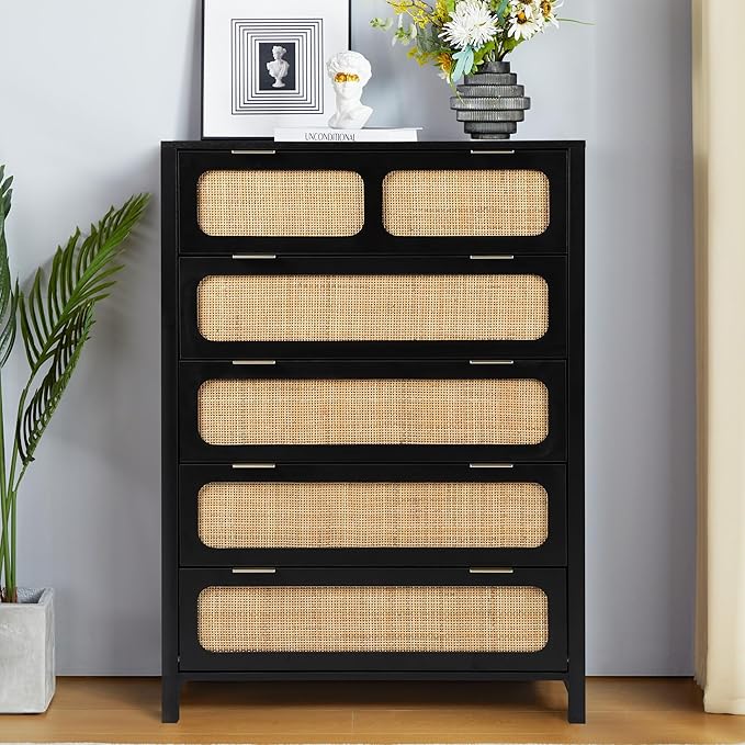 5 Drawer Dresser with Rattan Finish, Modern Farmhouse Chest of Drawers with Metal Handles, Accent Wood Storage Cabinet for Bedroom, Living Room (Black)