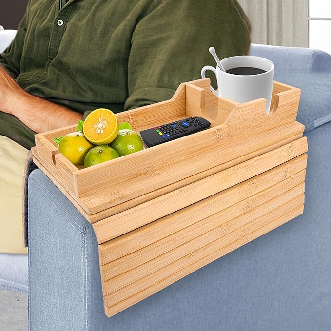 13.4" x 4.6" Couch Armrest Table, Foldable Bamboo Tray with Cup Holder Sofa Arm Tray Multi-Functional Stand, Used to Hold Water Cups, Mobile Phones and Remote Controls