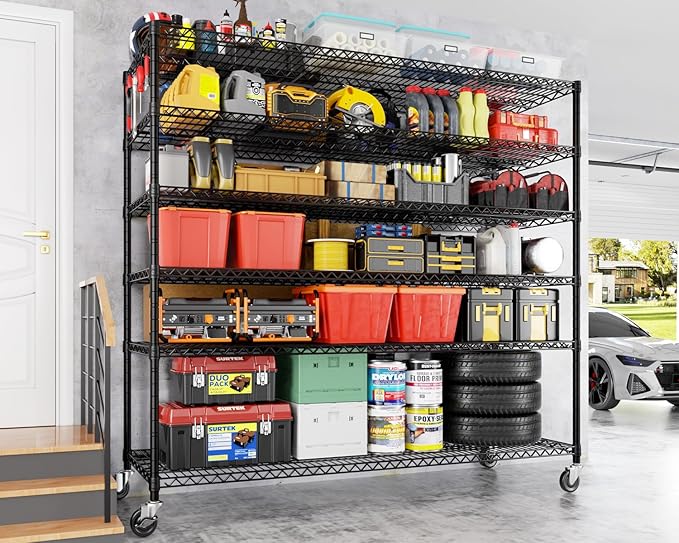 PrimeZone 6 Tier 80.7" H x 55.5" W x 24" D Wire Shelving with Wheels 3600lbs NSF Certified Storage Shelves Heavy Duty Metal Shelf Adjustable Rolling Rack Commercial Garage Restaurant Warehouse 4pcs