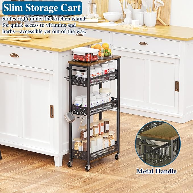 Rolling Slim Storage Cart, 4-Tier Narrow Bathroom Organizers and Storage Cart, Metal Narrow Kitchen Laundry Room Organization Shelf with Wood Top, Slim Utility Cart with Wheels for Small Space