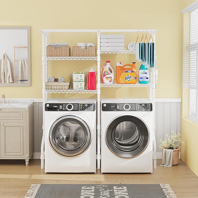 U14 Medium Over the Washer and Dryer Shelves, 4 Tiers Laundry Room Storage and Organizer System, Space Saving Clothes Drying Rack with 2 Clothes Hanger Rods, 57.8"W x 20.5"D x 77.4"H, White