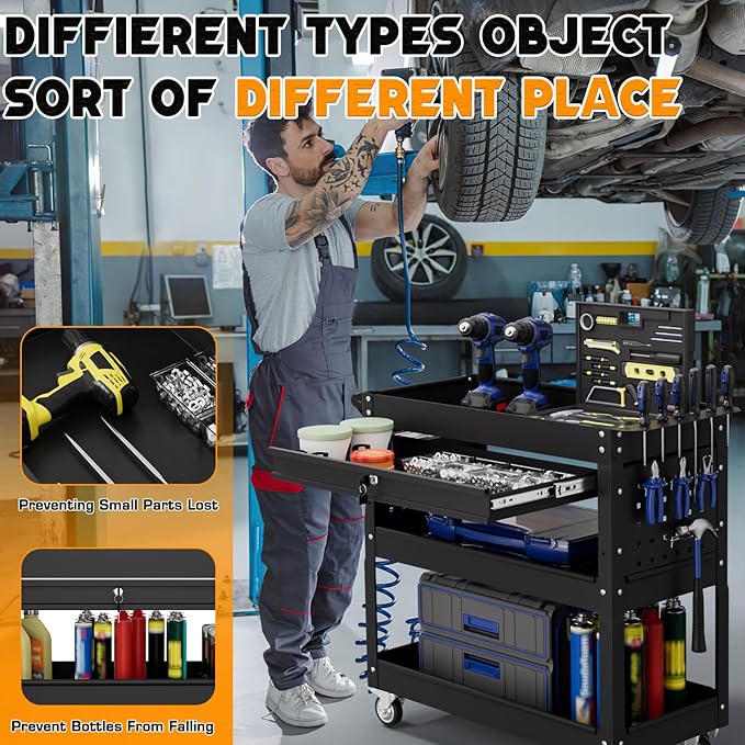 3 Tier Tool Cart on Wheels with Drawers - Three Tier Rolling Cart with Lockable Storage - Mechanic Tool Chest - Tool Chest with Wheels Used in Garage, Indoors, Workshop (Black)