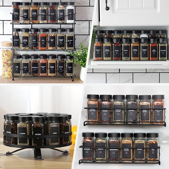 36Pcs Spice Jars Containers with Labels，4oz Black Seasoning Bottles with Shaker Lids for Rack, Cabinet, Drawer,Empty Square Condiment Pots (36, Black)