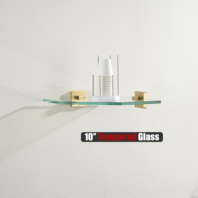 JQK Corner Glass Shelf, Brushed Gold Bathroom 304 Stainless Steel Shower Triangle Floating Wall Shelf, 10 x 10 Tempered Glass, 2 Pack TGS290L10-BG-P2