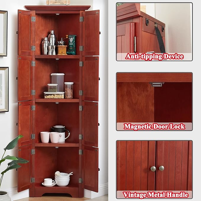 72" H Farmhouse Corner Storage Cabinet with 8 Doors & 4 Shelves, 4 Tier Kitchen Corner Pantry Cabinet Wooden Organizer Case Bookshelf, Home Space Saver Cabinet for Kitchen,Living Room(Cherry)