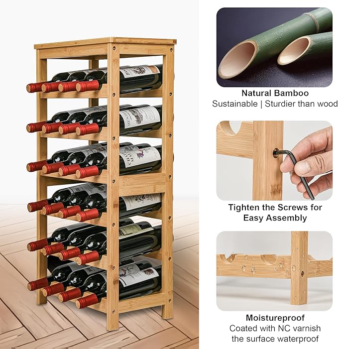 VASMIA Wine Rack Free Standing Floor, 6-Tier Display Wine Storage Shelves with Table Top, 24-Bottle Bamboo Wine Rack Shelf for Kitchen Bar Dining Room Living Room, Natural