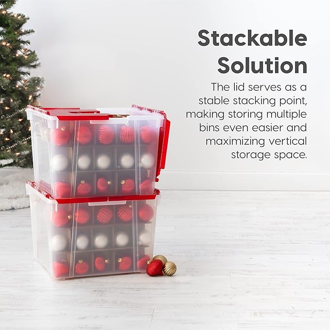 IRIS USA Ornament Storage Box with Attached Lid, Stores 75 Ornaments per Bin, 2-Pack, Stackable Durable Christmas Storage Organization Container Bin for Holiday Decorations and Accessories, Clear/Red
