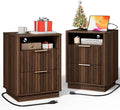 Fluted Night Stand Set of 2 with Charging Station, 18 inch Mid-Century Modern Nightstand, 2 Drawers End Table with Storage, Bedside Table for Bedroom Home Office, Curved Profile, Walnut