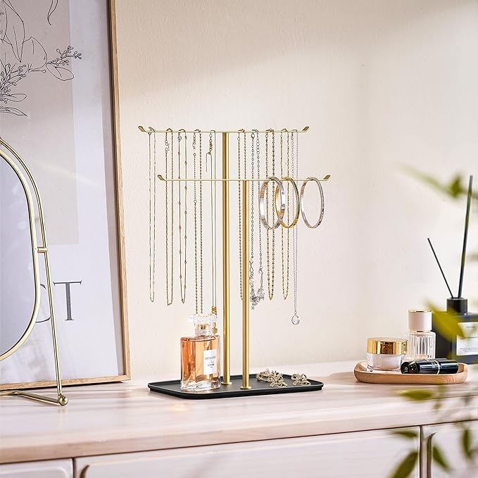pickpiff Necklace Holder Jewelry Organizer Stand – 2‑Tier T‑Bar Jewelry Display Tree with Tray for Countertop Necklace Bracelet Earring Storage, Vanity Dresser Bathroom Sink, Black-Gold