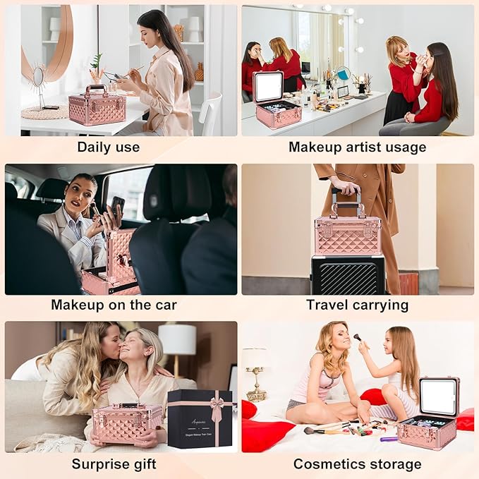 Makeup Box with Led Mirror,Travel Train Hard Case with Rechargeable Mirror Adjustable Dividers,Cosmetic Organizer Storage Bag for Makeup Artist,Appropriate Gift for Women Girls,Sparkling Rose Gold