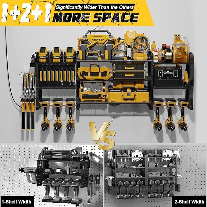 Power Tool Organizer Wall Mount, 3 Layer Tool Storage Rack, Drill Bit Heavy Duty Rack, Heavy Duty Metal Power Tools Storage Rack Tools Shelf with Charging Station for Garage Organization