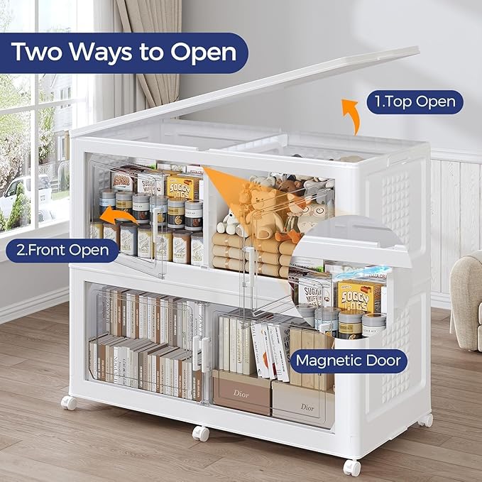160Gal Stackable Storage Bins with Lid, 640Qt Extra Large Collapsible Storage Box with Wheels, Dividers, Folding Plastic Cabinet Closet Organizers for Home Kitchen Office Dorm, 4Pack White