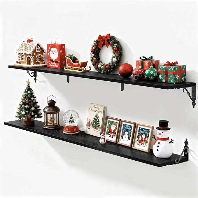 Fun Memories 55 Inch Floating Shelves, Long Floating Shelves Wall-Mounted, 8 Inch Deep Bookshelf with Bracket, 55" W x 8" D Shelves for Wall Display & Storage, Black, Set of 2
