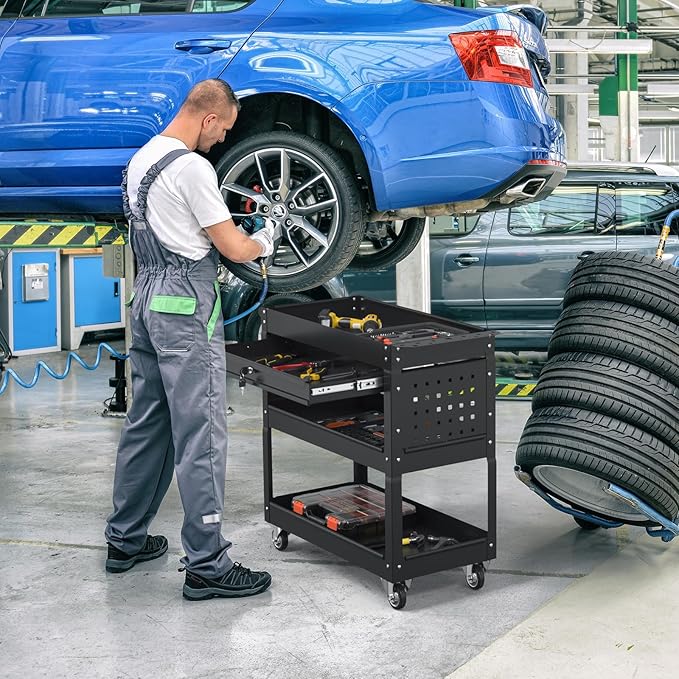 3 Tier Rolling Tool Cart on Wheels, 550 LBS Tool Cart with Drawers，Heavy Duty Utility Cart with Pegboard and Hooks，Mechanic Tool Storage Cart for Garage, Warehouse and Repair Shop(Black)