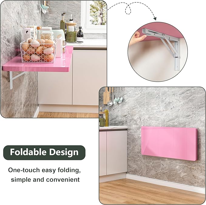 Clikuutory Wall Mounted High Gloss Folding Table, Wall Desk Fold Down for Small Spaces, Folding Workbench for Laundry Room, Home Office, Kitchen, Bedroom, Home Bar, Pink (39.4"×19.7")