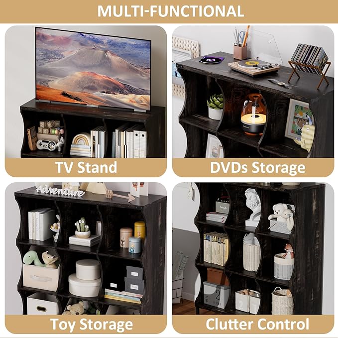 9 Cube Storage Shelf Organizer, Low Book Shelf Bookcase Entryway Table, Wood Closet Storage Display Cabinet TV Stand for Living Room, Office,Bedroom, Dorm, Dark Brown with Dark Brown Top