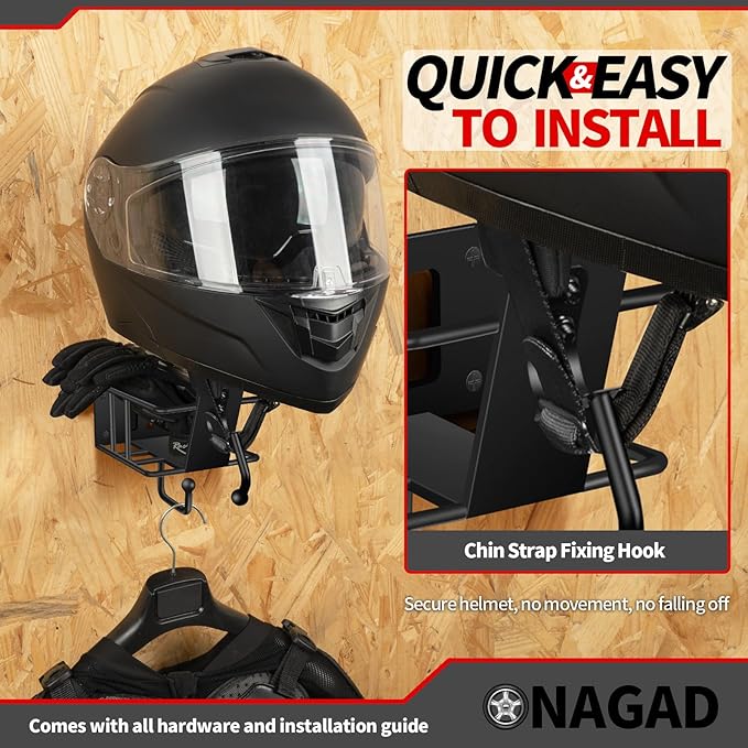 Wall Mount Motorcycle Helmet Rack with Gloves Tray, Dirt Bike Bicycle Helmet Holder Display Hanger Storage Organizer Stand Hook, Motorcycle Accessories for Enclosed Trailer, Truck,Garage and Warehouse