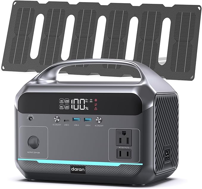 DARAN Portable Power Station with 40W Solar Panel Included, 288Wh (90,000mAh) LiFePO4 Battery, 350W (600W Peak), 7-Port Design, 2.1Hrs Fast Charing Solar Generators for Home, Outdoor Camping