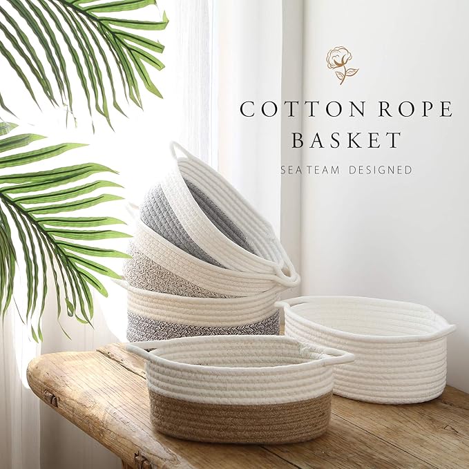 Sea Team 2-Pack Cotton Rope Baskets, 10 x 7 x 4 Inches Small Woven Storage Basket, Fabric Tray, Bowl, Oval Open Dish for Fruits, Jewelry, Keys, Sewing Kits (White)