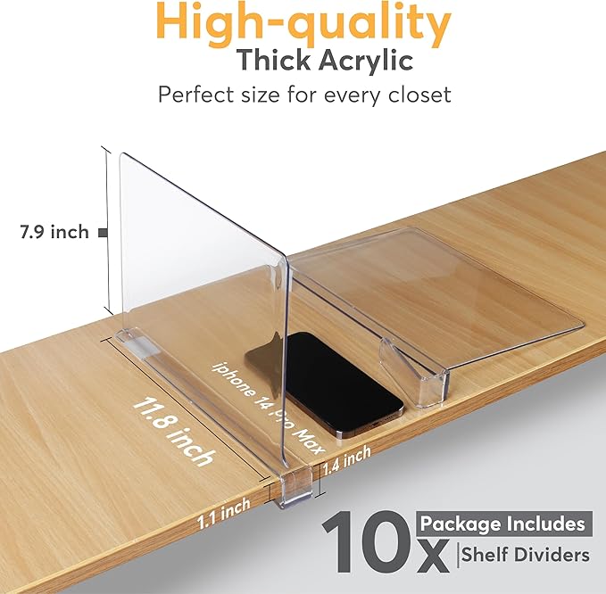 10 Pack Acrylic Shelf Dividers for Closet Organization 11x7.9 Inch – Clear Closet Shelf Separators for Purses, Clothes & Sweater Storage – Vertical Bookshelf Dividers for Bedroom, Office & Kitchen