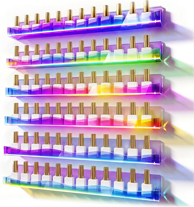 YMVV 15" Nail Polish Rack Wall Mounted Shelf,6 Pack Clear Rainbow Iridescent Acrylic Organizer Nail Supplies for Nail Techs,Great Display for Salons Retailers