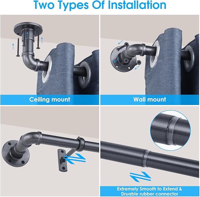 Industrial Curtain Rods - 1 inch, Grey, 30-144" - Set with Brackets, Suitable for Windows 66 to 120, Outdoor & Indoor Use