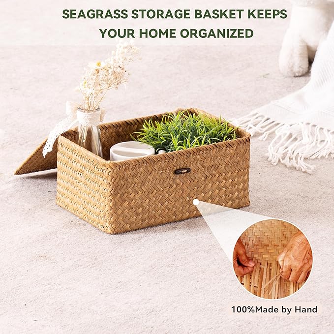 Nonam Storage Basket with Lid, Natural Seagrass Bin with Lid Set of 3, Shelf Baskets Multipurpose Container for Boho Decoration, Rectangular Household Storage Boxes for Home Organization